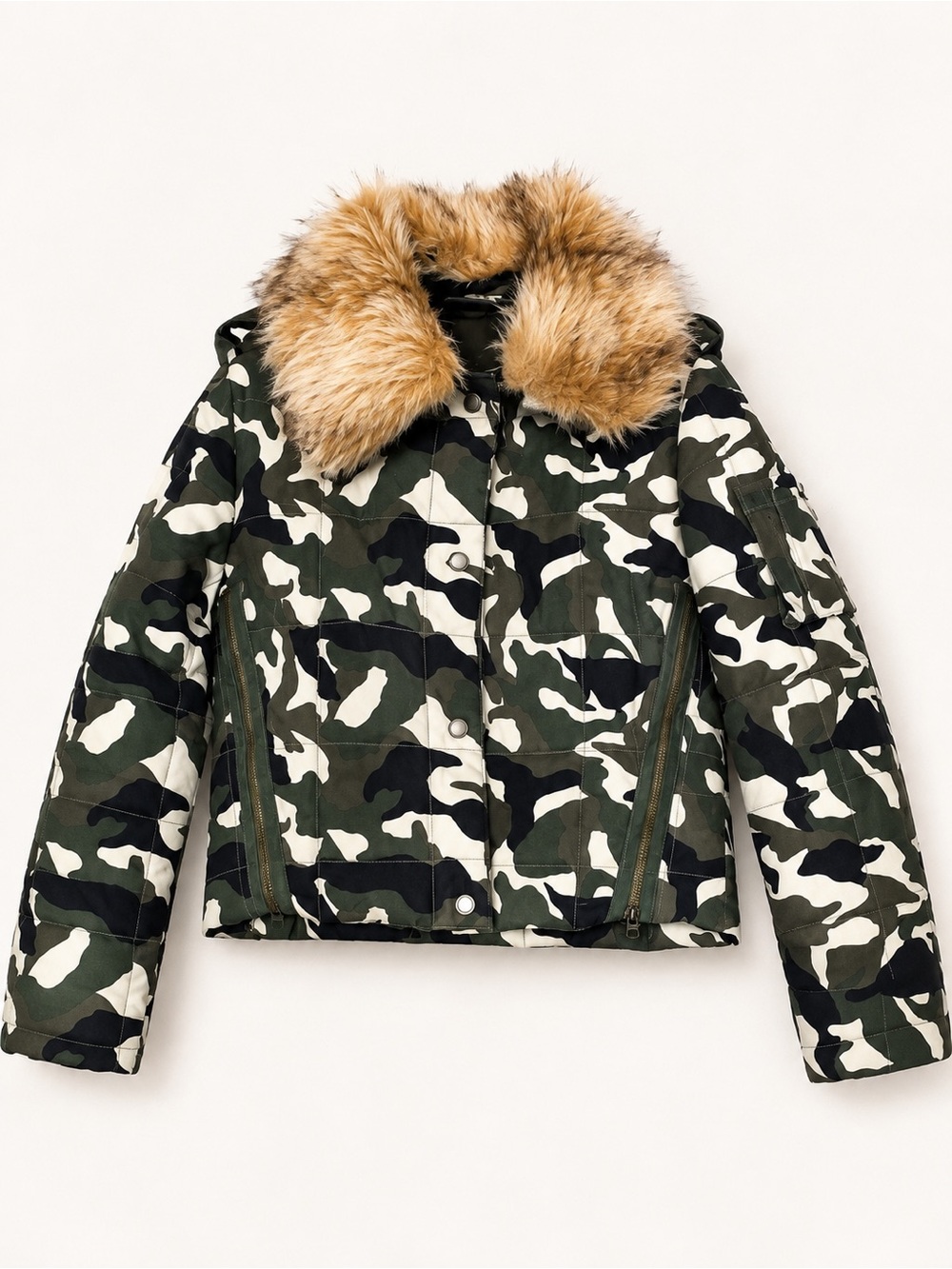 Y2K Camo Faux Fur Collar Puffer Bomber Jacket Medium
